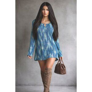 Bon Worth XL Blue Teal Abstract Print Keyhole Tunic Top Lightweight Stretchy Lay